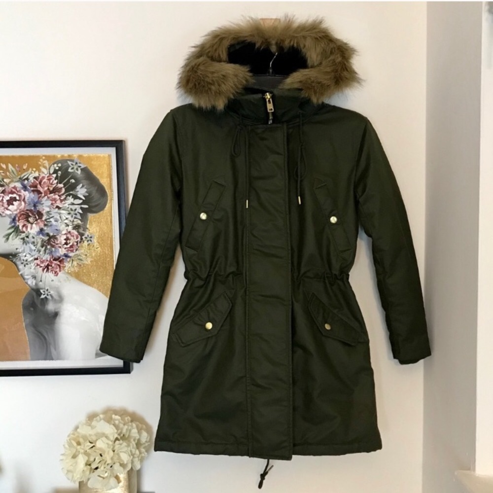 NEW J. Crew primaloft parka w/ faux fur trim XXSP - Picture 2 of 8